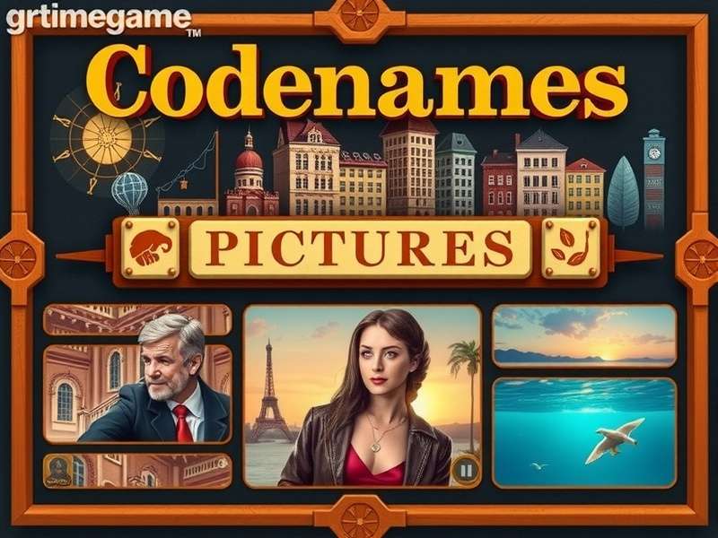 Codenames Pictures board game setup with colorful image cards and key cards