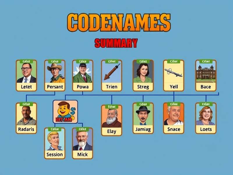 A group of friends playing the Codenames board game on a wooden table, laughing and having fun.