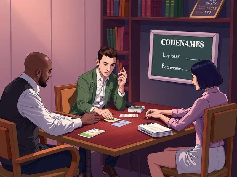 Two players intensely focused on a Codenames game board with word cards laid out