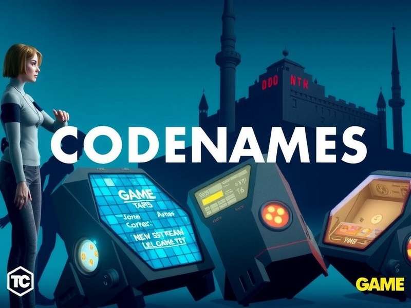 Dynamic overhead view of a Codenames game board being played on stream, with chat overlay visible