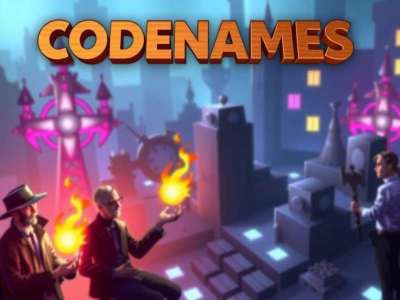 Codenames board game setup with word cards and agent cards