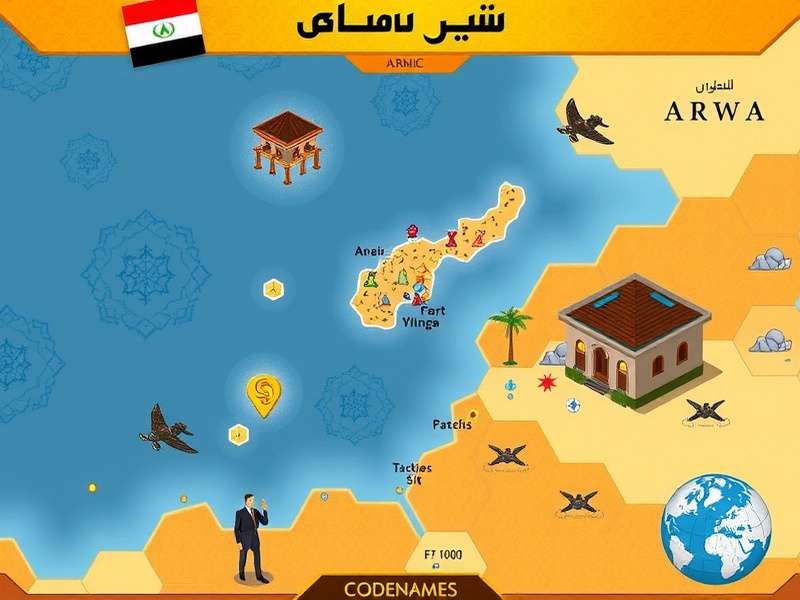 Codenames Arabic game layout showing the word grid with red and blue agents and a spymaster card